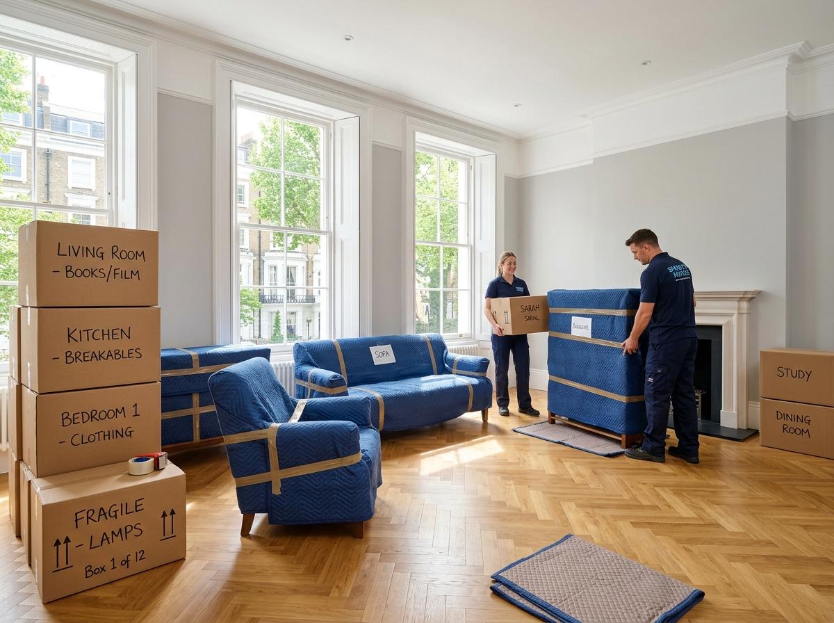 Organized London home moving day with padded blankets