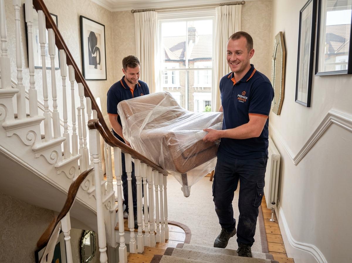 Professional movers carrying wrapped furniture carefully
