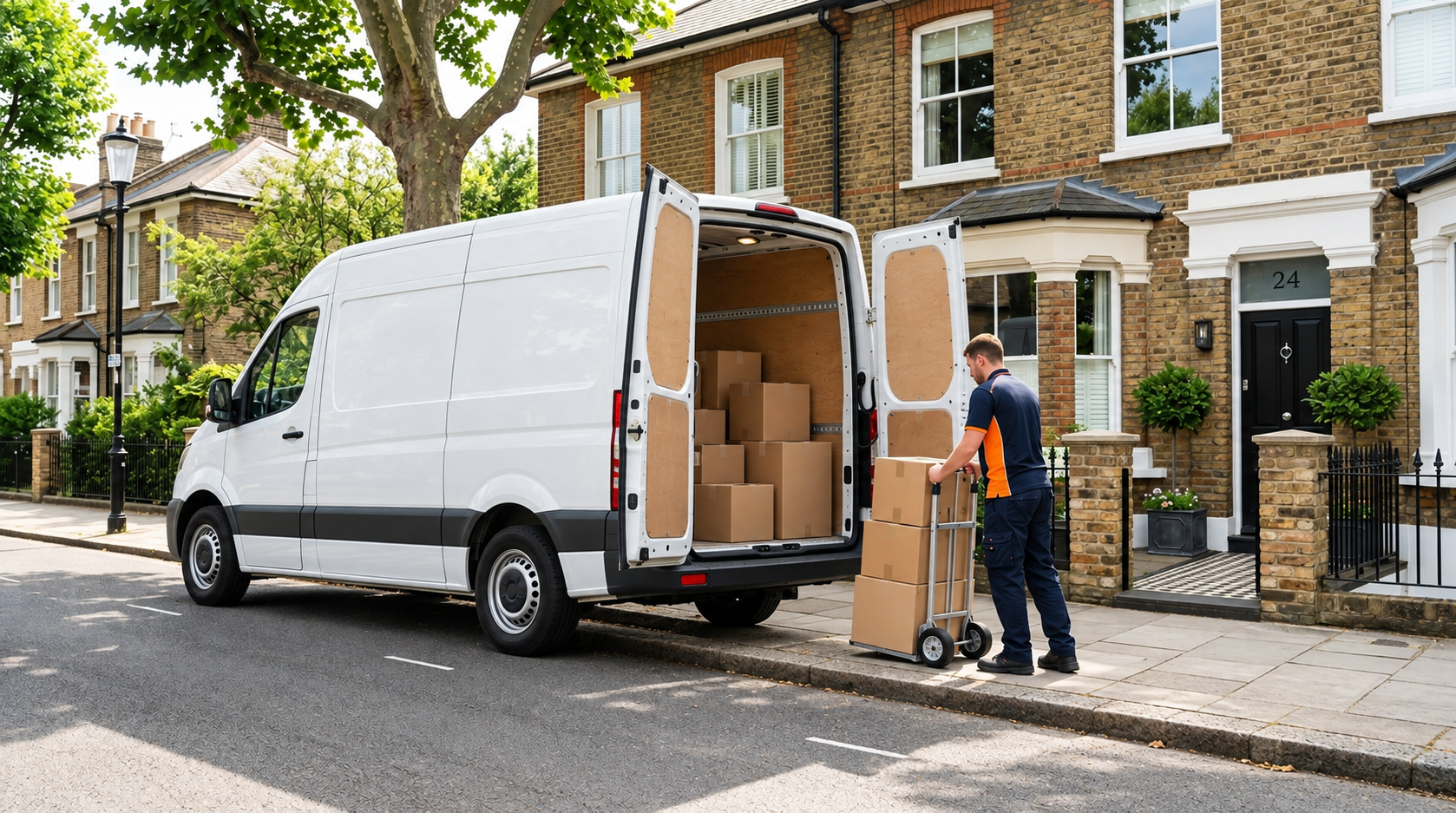 White van with open rear doors and moving boxes on a London street